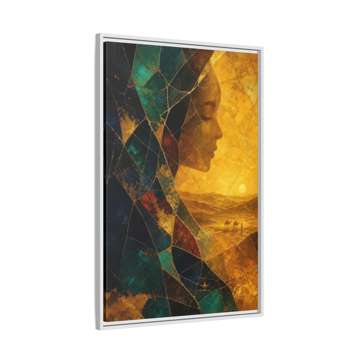 Side Mockup 9. Fairytale Female Profile Gold Teal Woman shown as stretched canvas wall art
