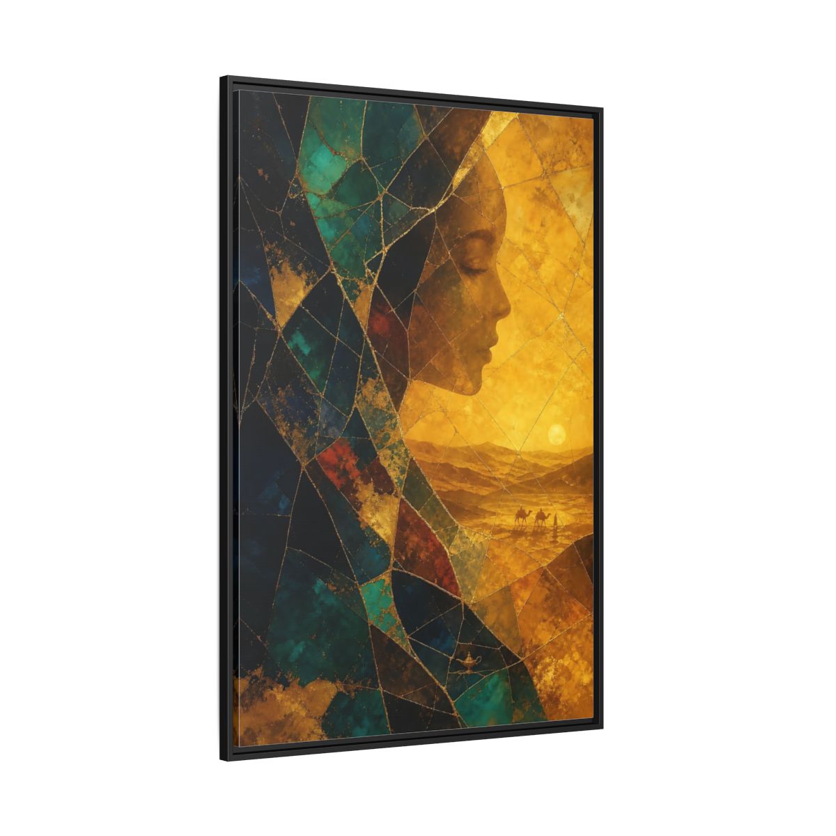 Side Mockup 12. Fairytale Female Profile Gold Teal Woman shown as stretched canvas wall art