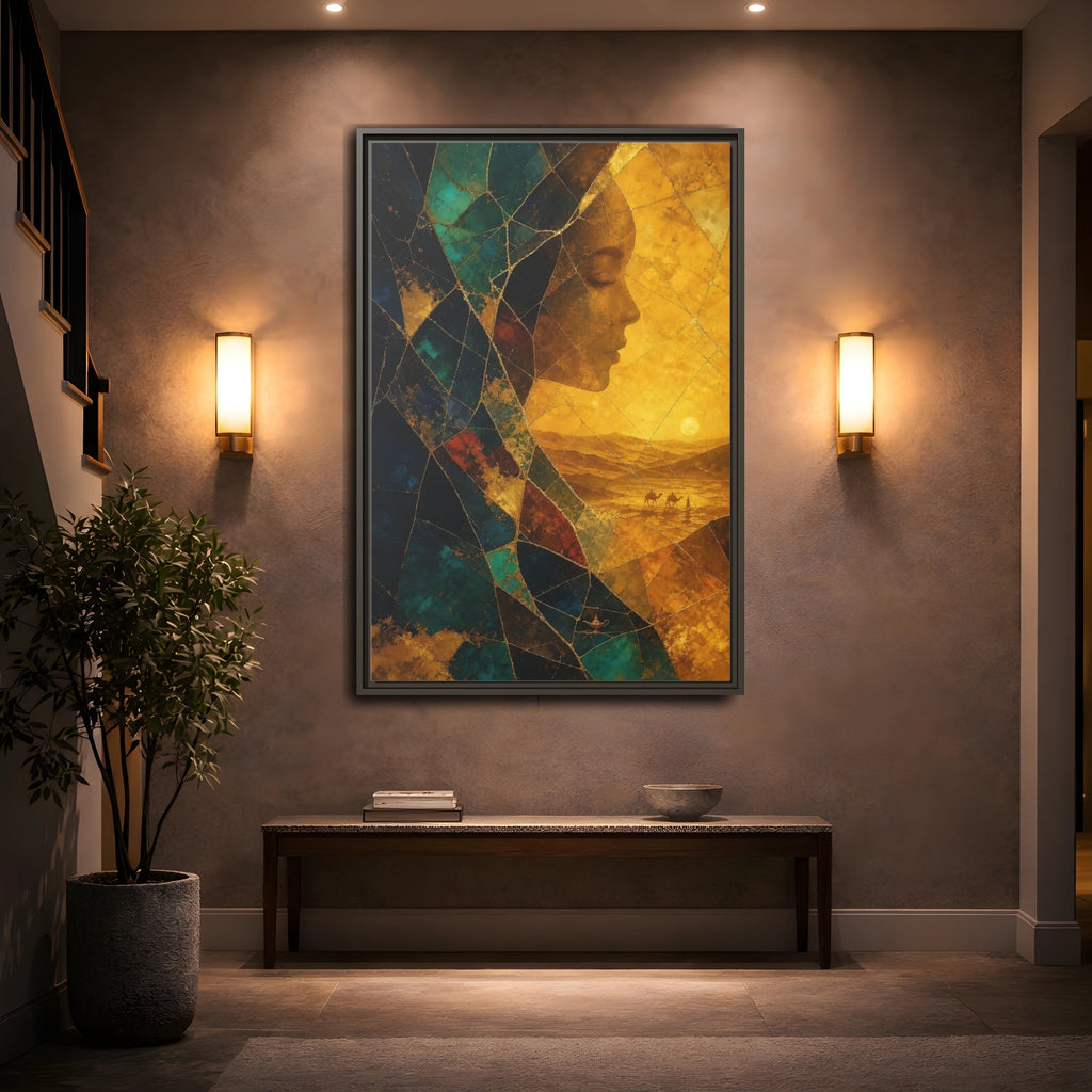 Mockup 2. Fairytale Female Profile Gold Teal Woman shown as stretched canvas wall art