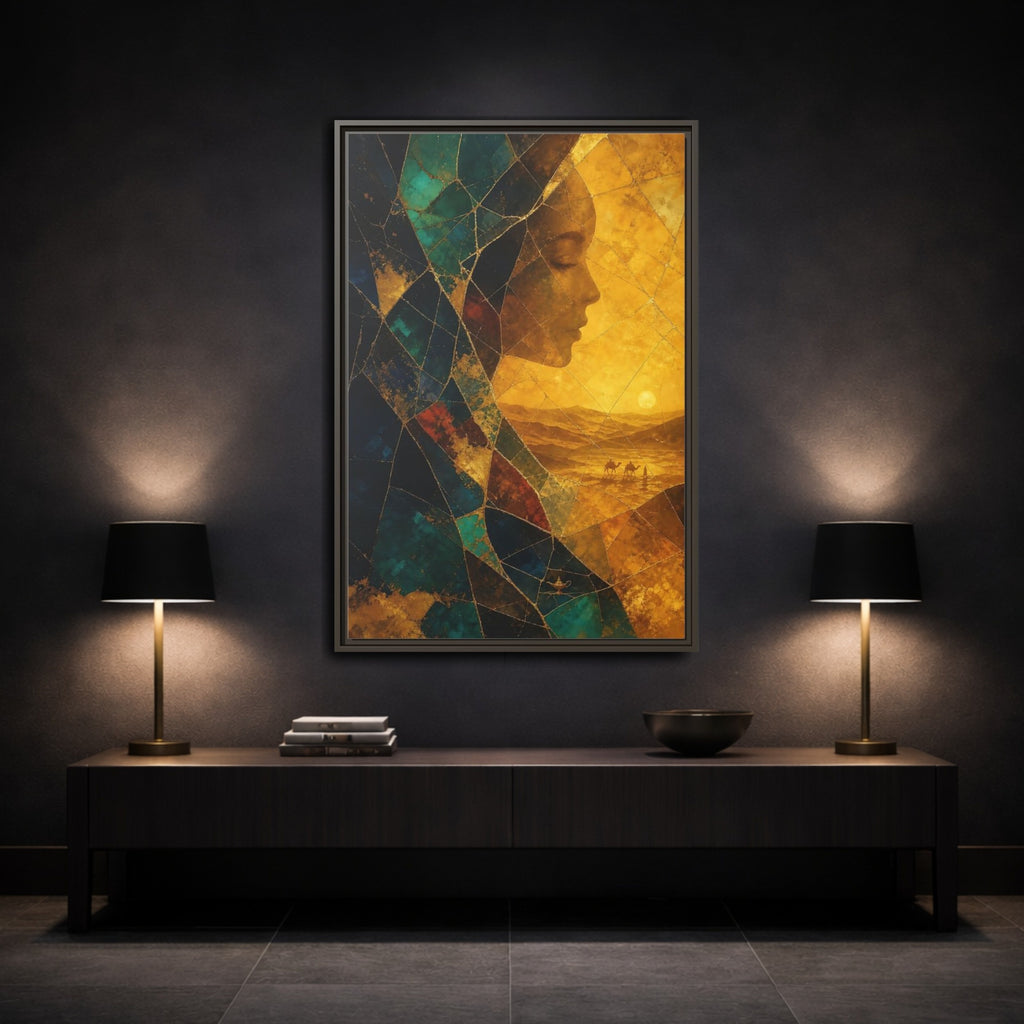 Mockup 3. Fairytale Female Profile Gold Teal Woman shown as stretched canvas wall art
