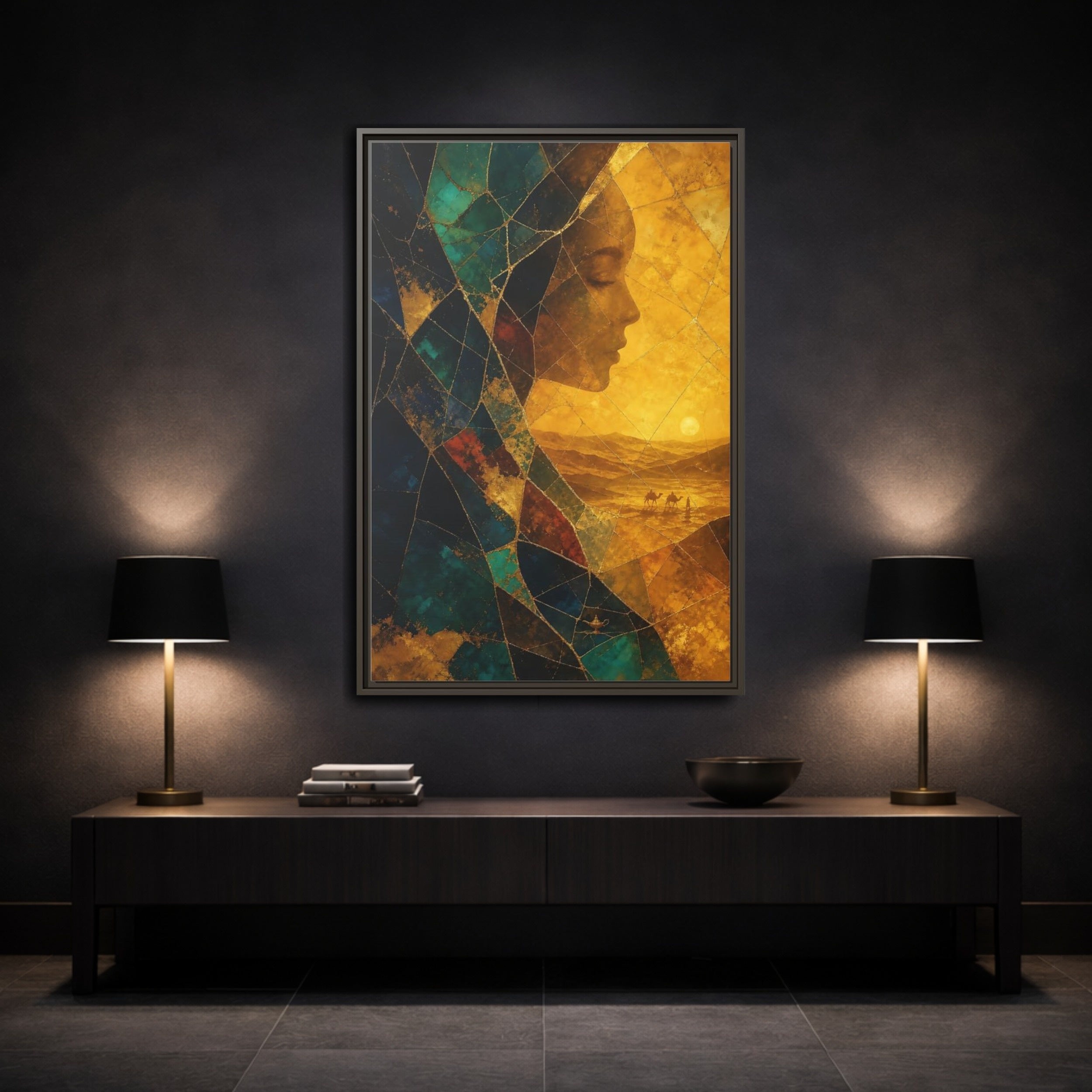 Mockup 3. Fairytale Female Profile Gold Teal Woman shown as stretched canvas wall art