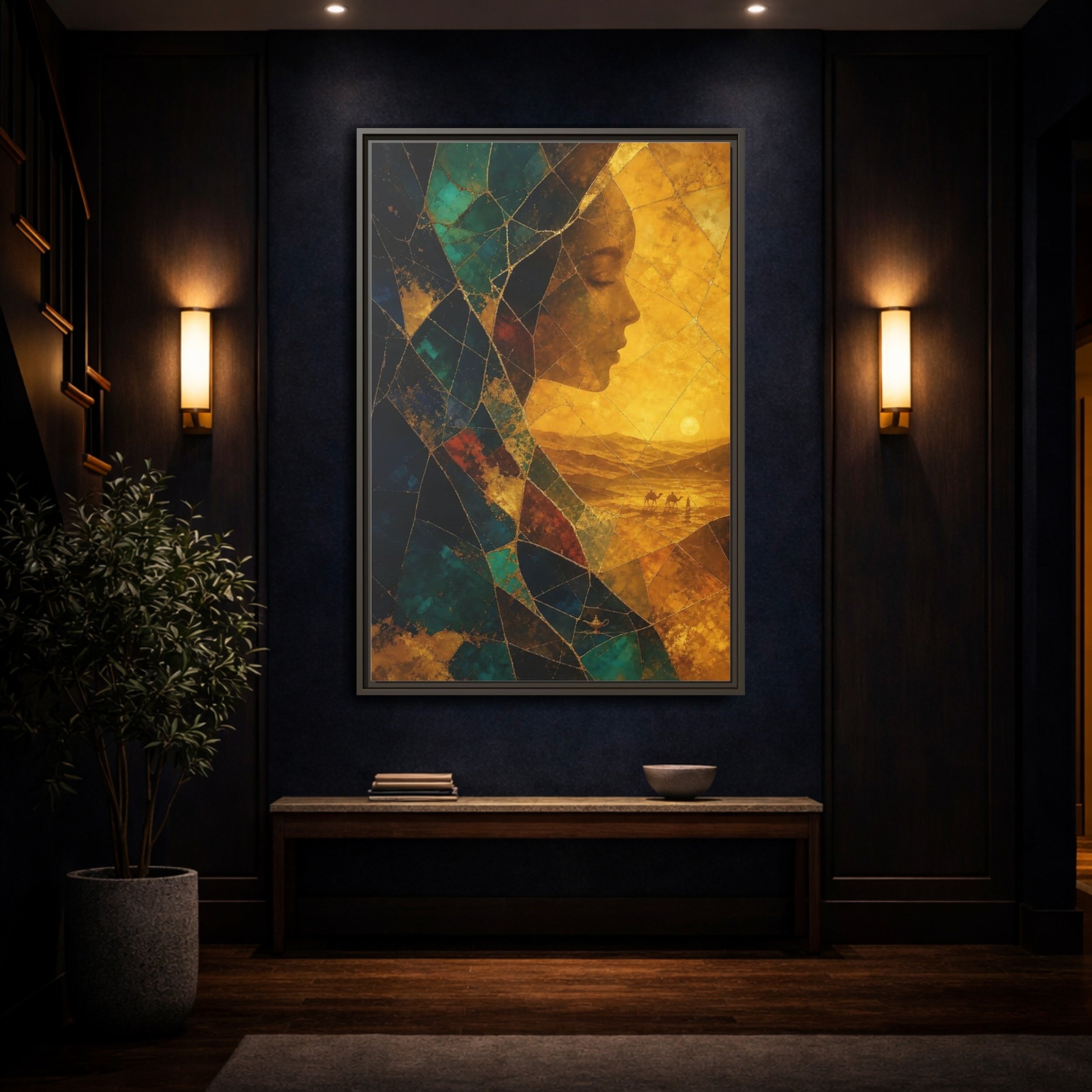 Mockup 4. Fairytale Female Profile Gold Teal Woman shown as stretched canvas wall art