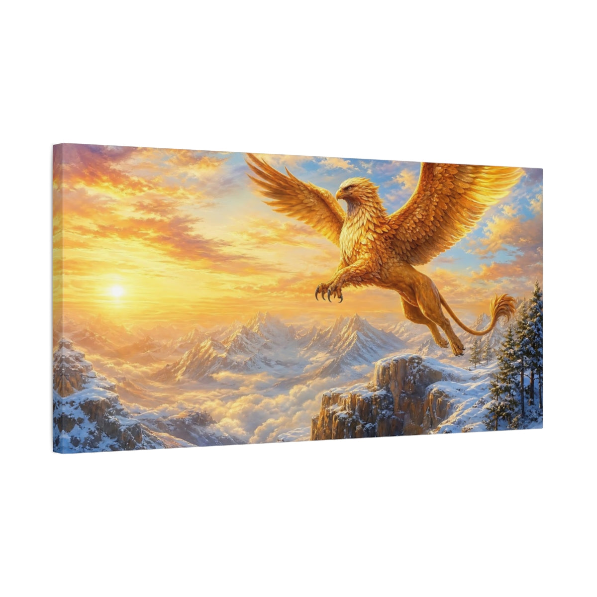 Side Mockup 1. Fairytale Griffin Golden Griffin shown as stretched canvas wall art