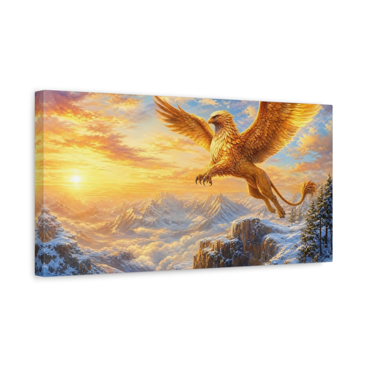 Side Mockup 3. Fairytale Griffin Golden Griffin shown as stretched canvas wall art