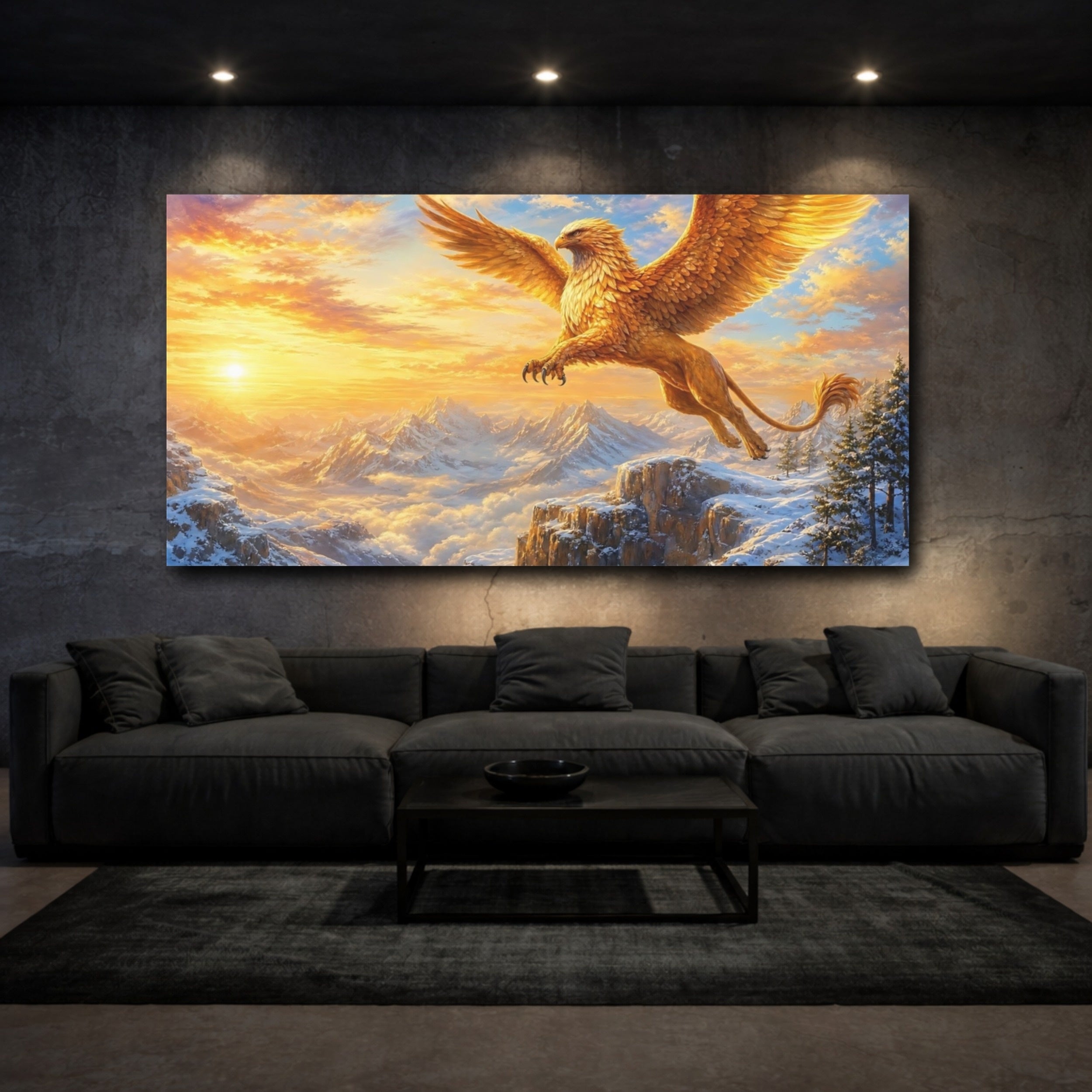 Mockup 3. Fairytale Griffin Golden Griffin shown as stretched canvas wall art