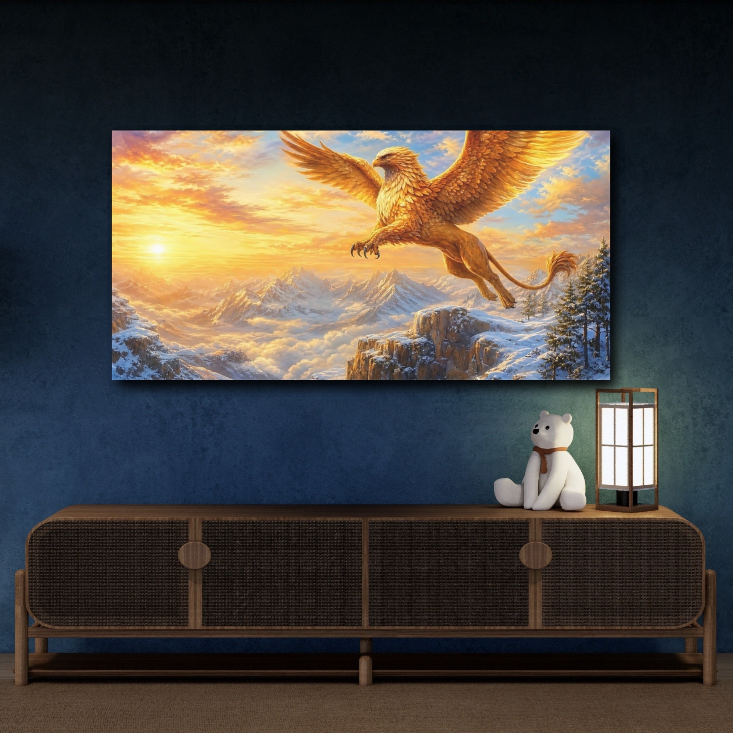 Mockup 4. Fairytale Griffin Golden Griffin shown as stretched canvas wall art