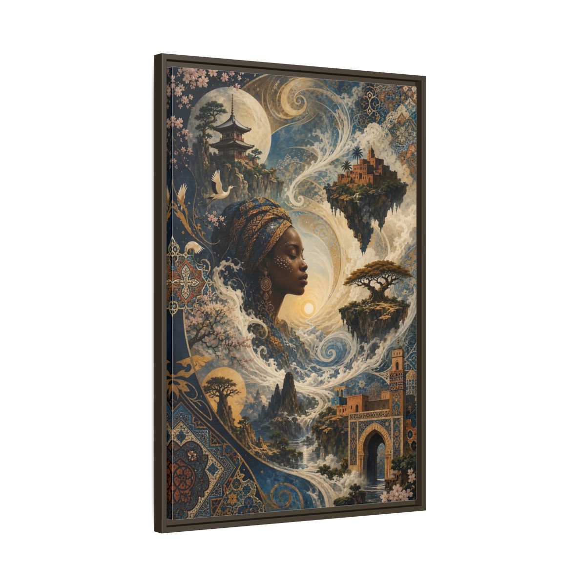 Main Mockup. Fairytale Mystical Woman Blue And Gold Fantasy shown as stretched canvas wall art