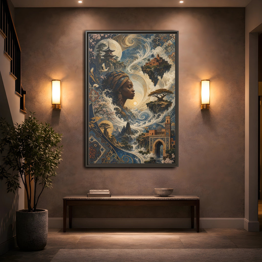 Mockup 2. Fairytale Mystical Woman Blue And Gold Fantasy shown as stretched canvas wall art