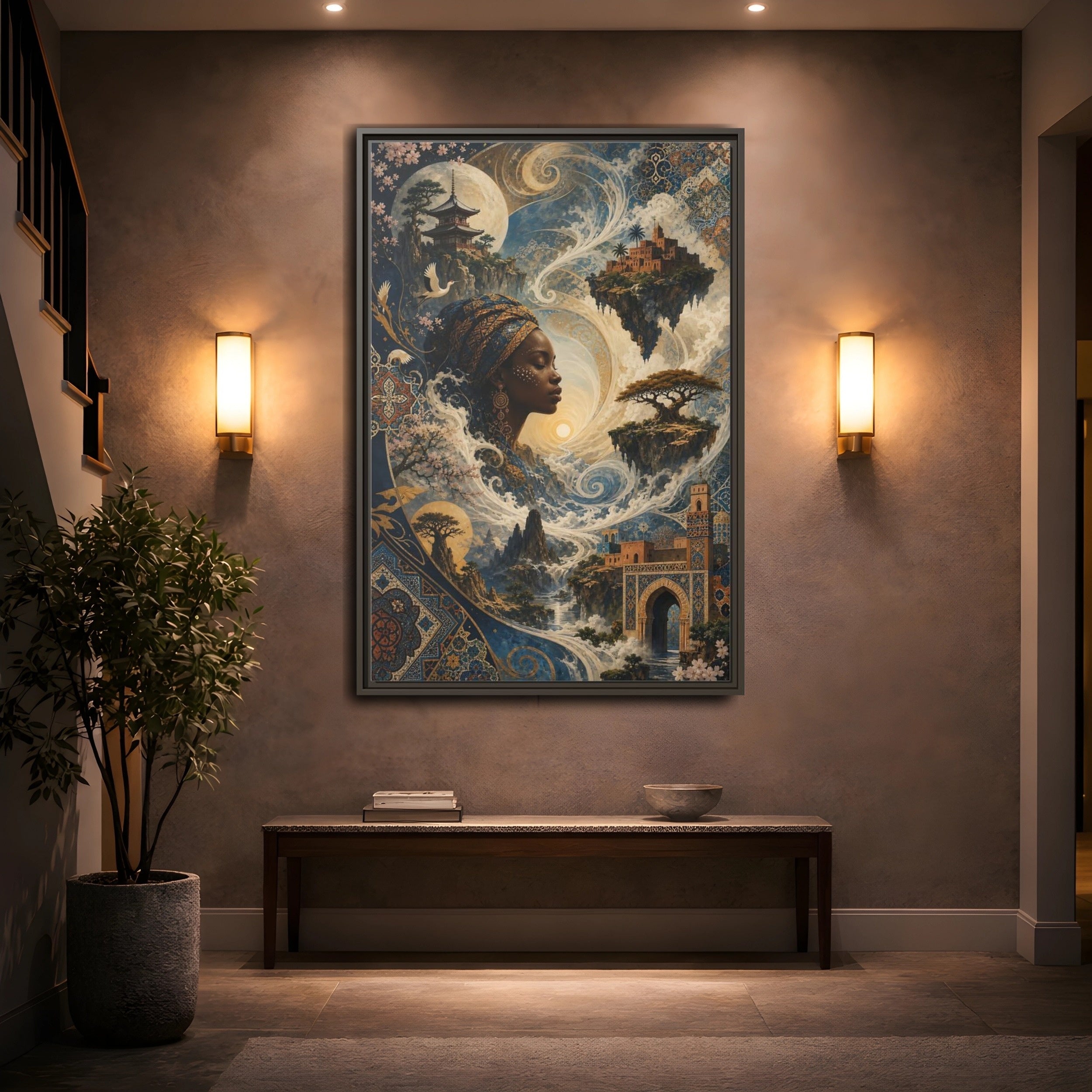Mockup 2. Fairytale Mystical Woman Blue And Gold Fantasy shown as stretched canvas wall art