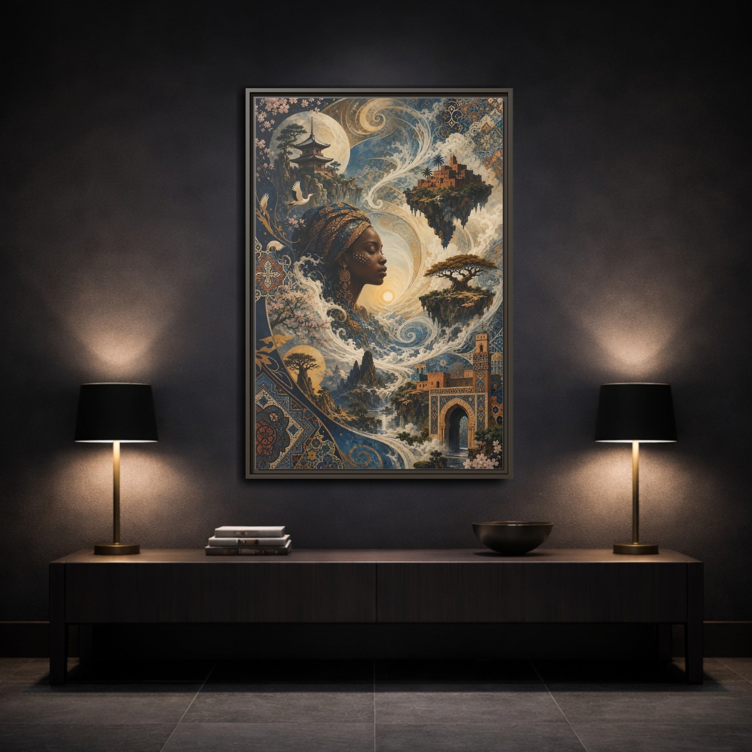 Mockup 3. Fairytale Mystical Woman Blue And Gold Fantasy shown as stretched canvas wall art