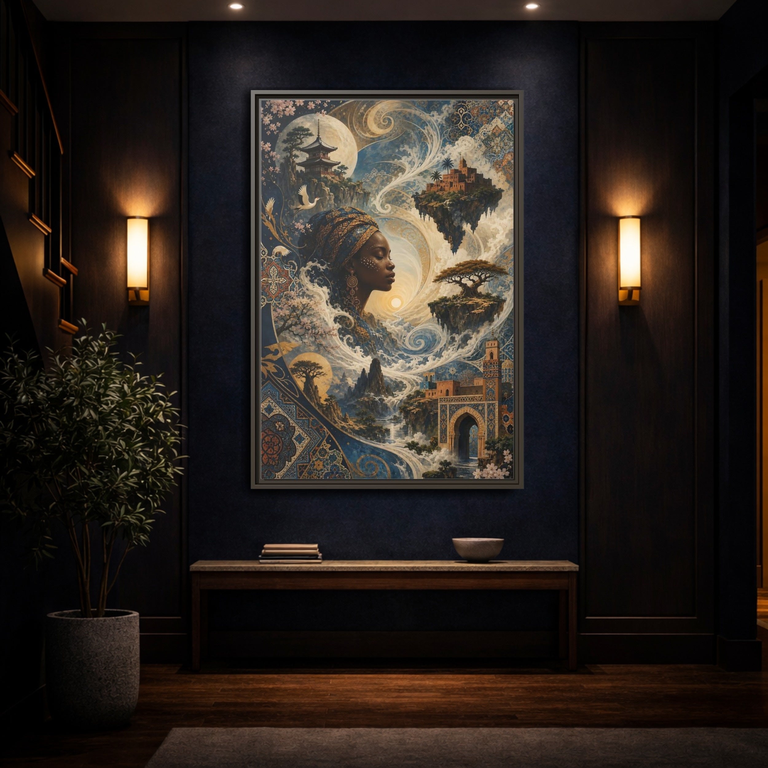 Mockup 4. Fairytale Mystical Woman Blue And Gold Fantasy shown as stretched canvas wall art