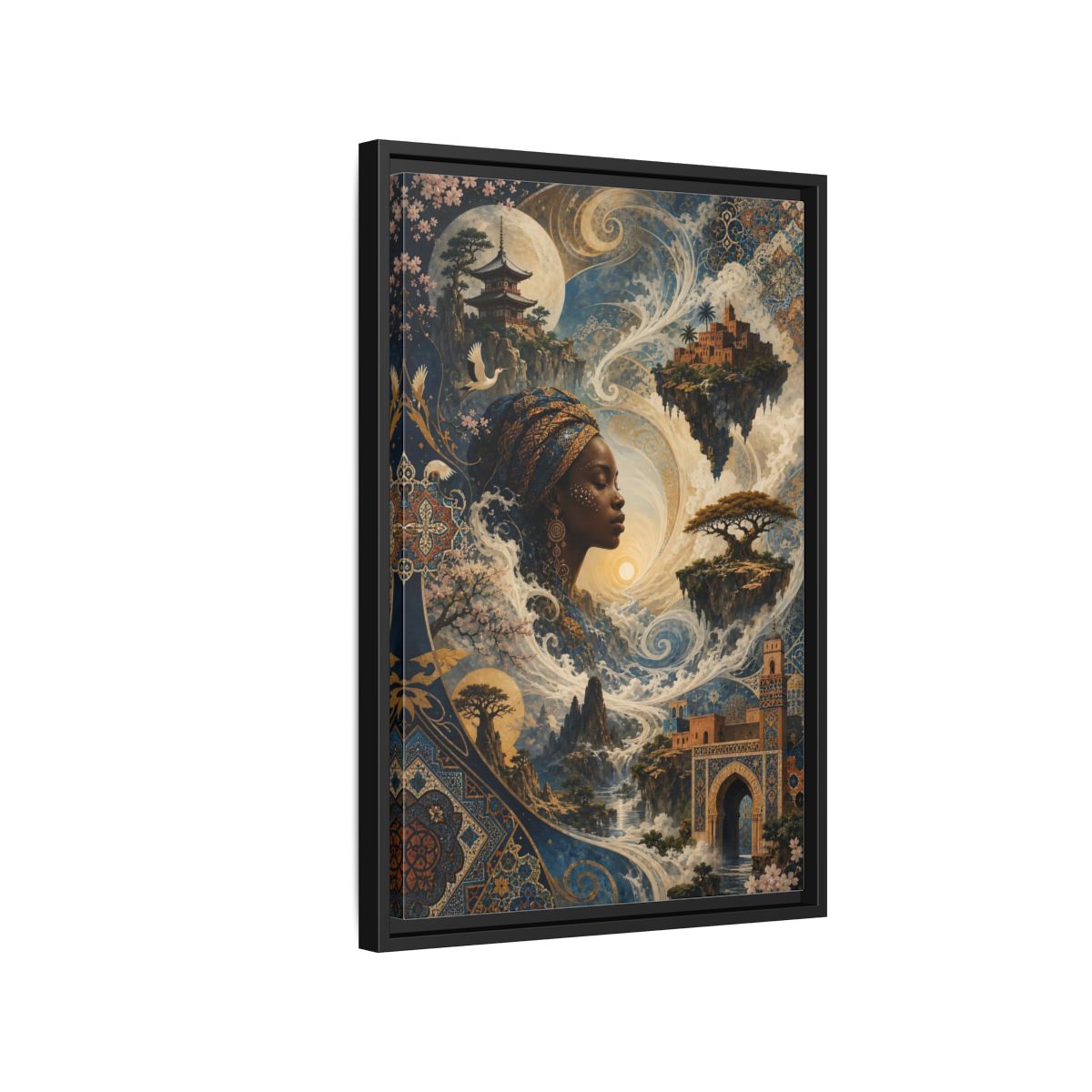 Side Mockup 3. Fairytale Mystical Woman Blue And Gold Fantasy shown as stretched canvas wall art