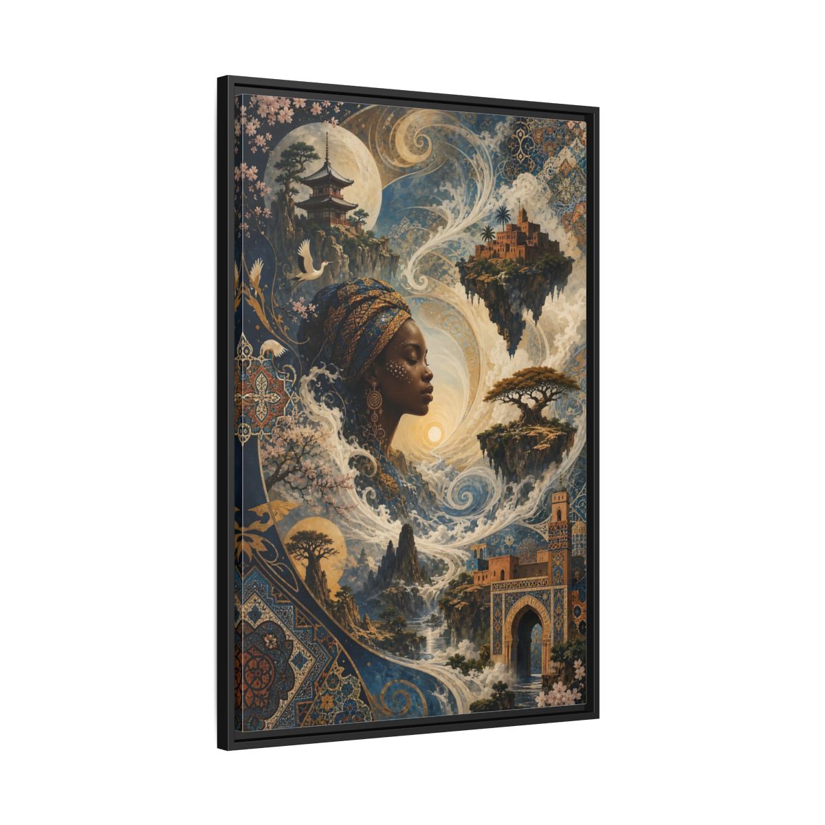 Side Mockup 13. Fairytale Mystical Woman Blue And Gold Fantasy shown as stretched canvas wall art