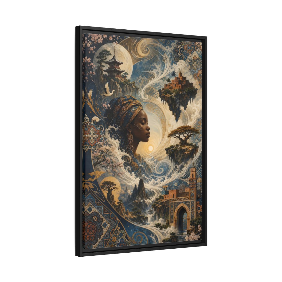 Side Mockup 14. Fairytale Mystical Woman Blue And Gold Fantasy shown as stretched canvas wall art