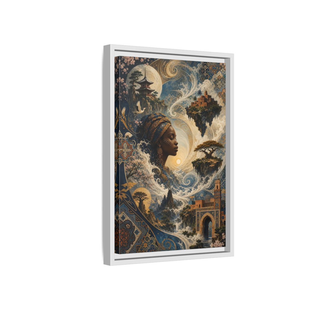 Side Mockup 4. Fairytale Mystical Woman Blue And Gold Fantasy shown as stretched canvas wall art