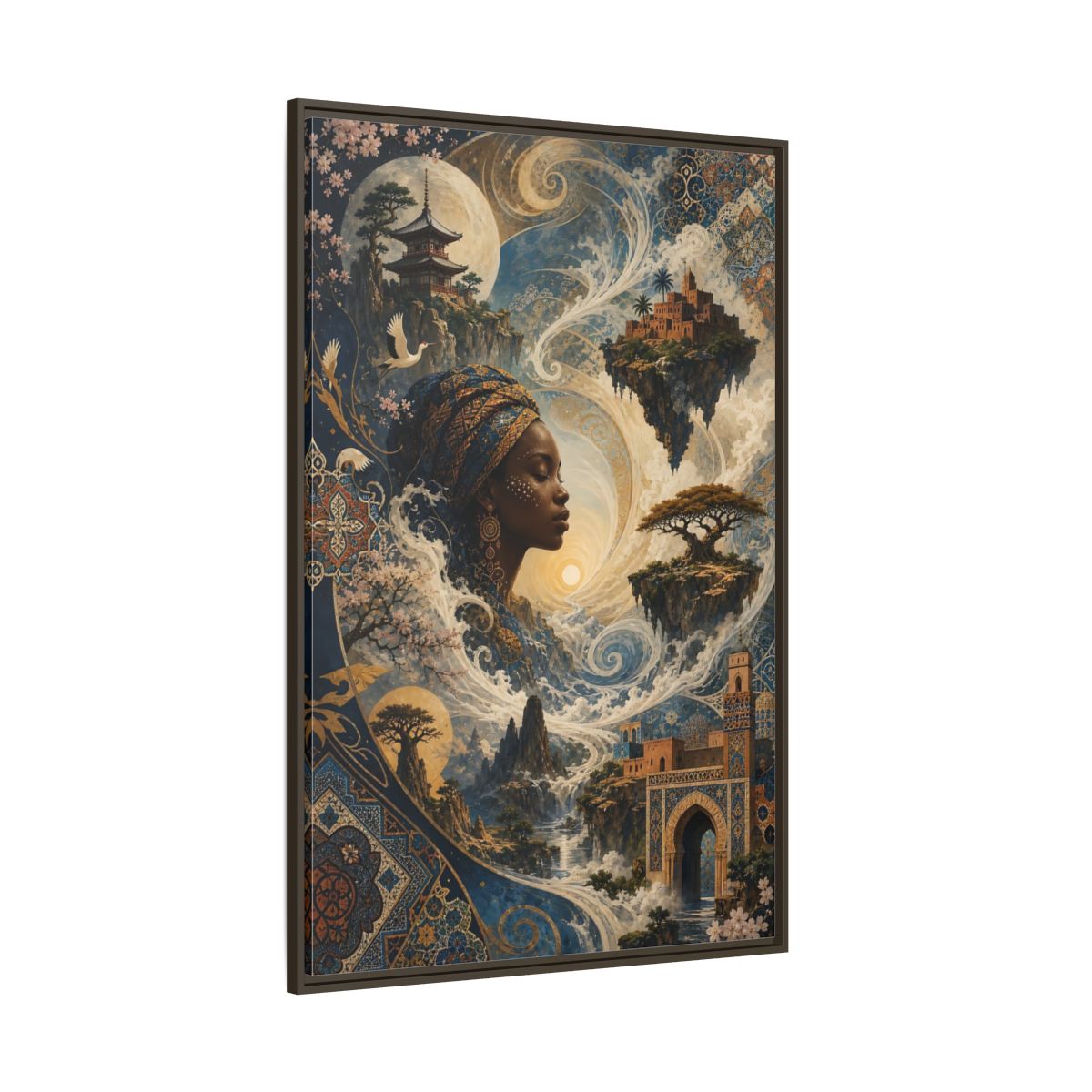 Side Mockup 8. Fairytale Mystical Woman Blue And Gold Fantasy shown as stretched canvas wall art