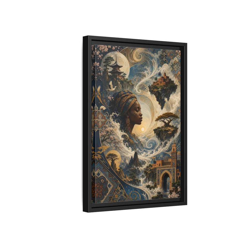 Side Mockup 6. Fairytale Mystical Woman Blue And Gold Fantasy shown as stretched canvas wall art