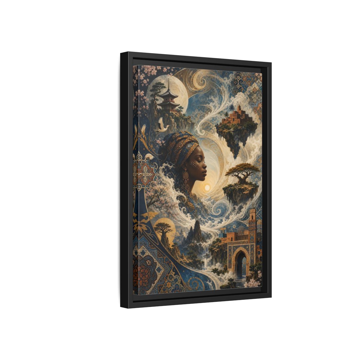 Side Mockup 6. Fairytale Mystical Woman Blue And Gold Fantasy shown as stretched canvas wall art