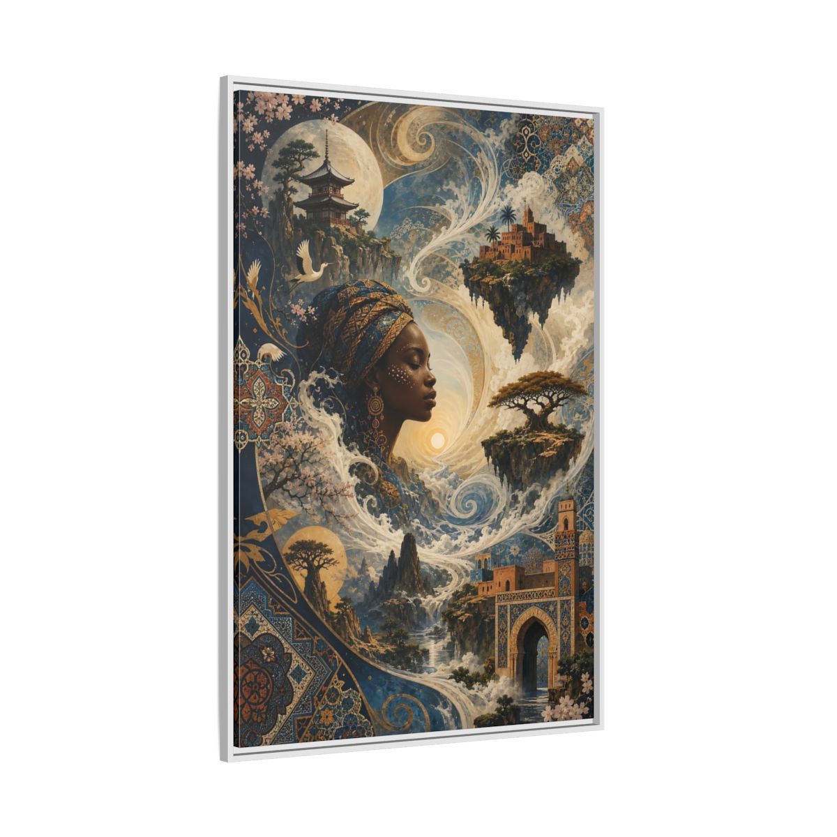 Side Mockup 7. Fairytale Mystical Woman Blue And Gold Fantasy shown as stretched canvas wall art