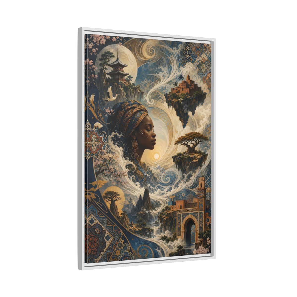 Side Mockup 9. Fairytale Mystical Woman Blue And Gold Fantasy shown as stretched canvas wall art