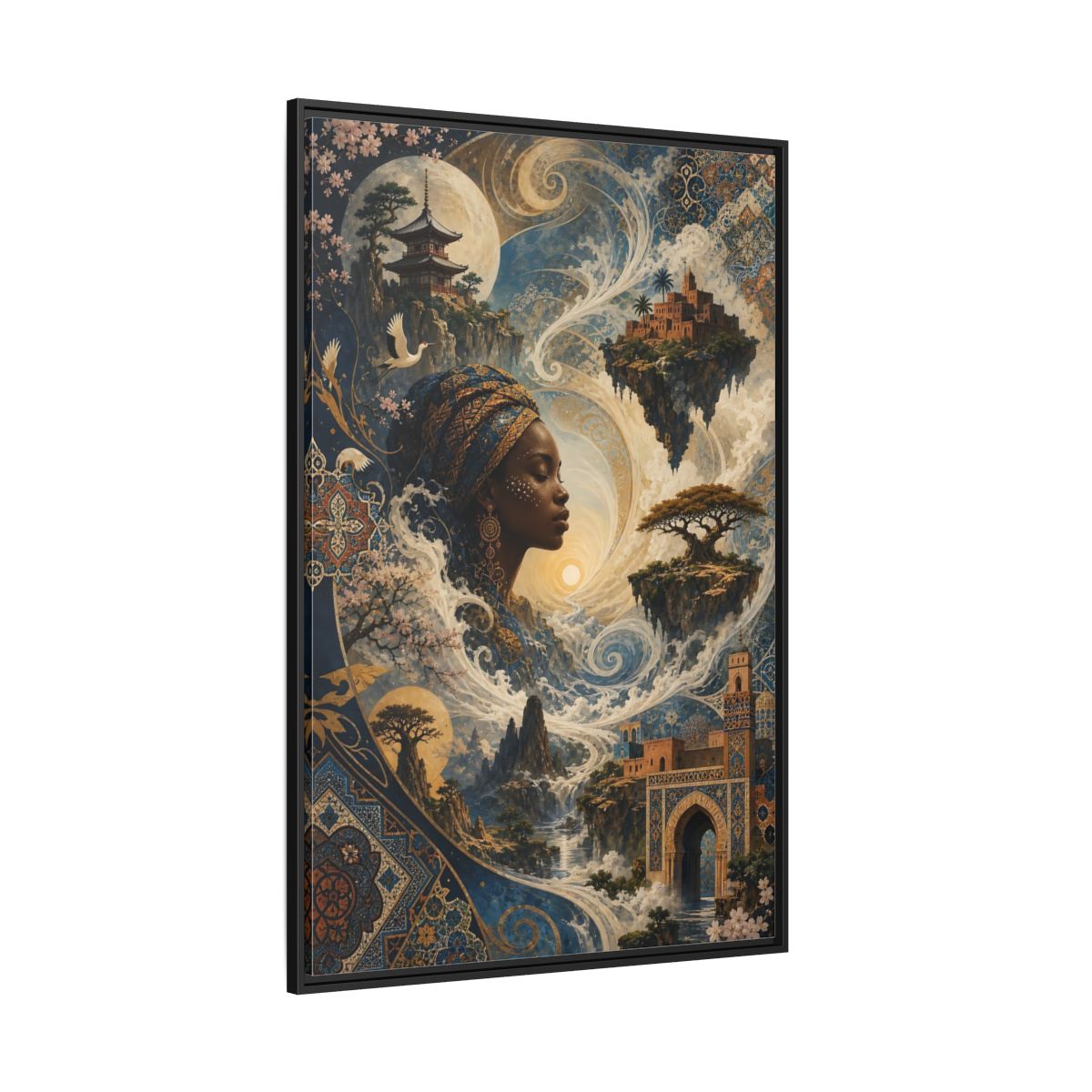 Side Mockup 12. Fairytale Mystical Woman Blue And Gold Fantasy shown as stretched canvas wall art