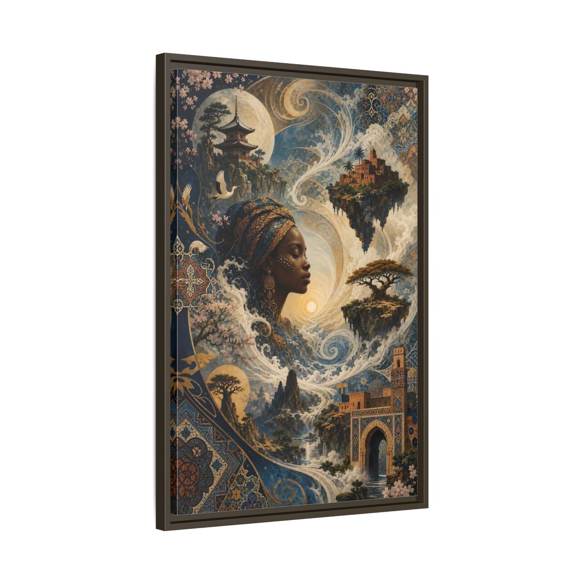 Side Mockup 11. Fairytale Mystical Woman Blue And Gold Fantasy shown as stretched canvas wall art