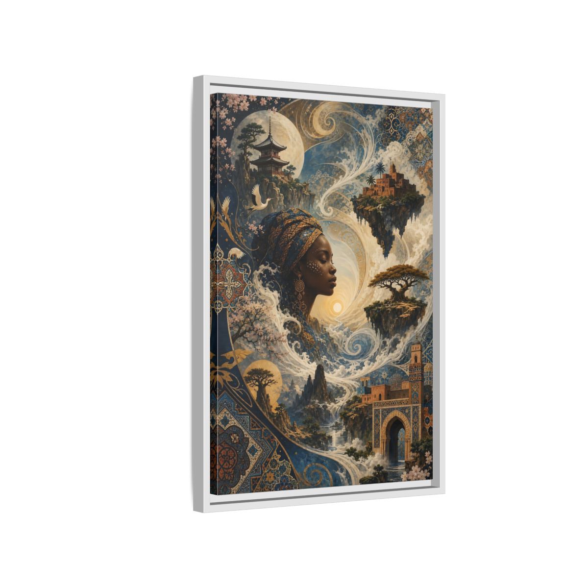 Side Mockup 1. Fairytale Mystical Woman Blue And Gold Fantasy shown as stretched canvas wall art