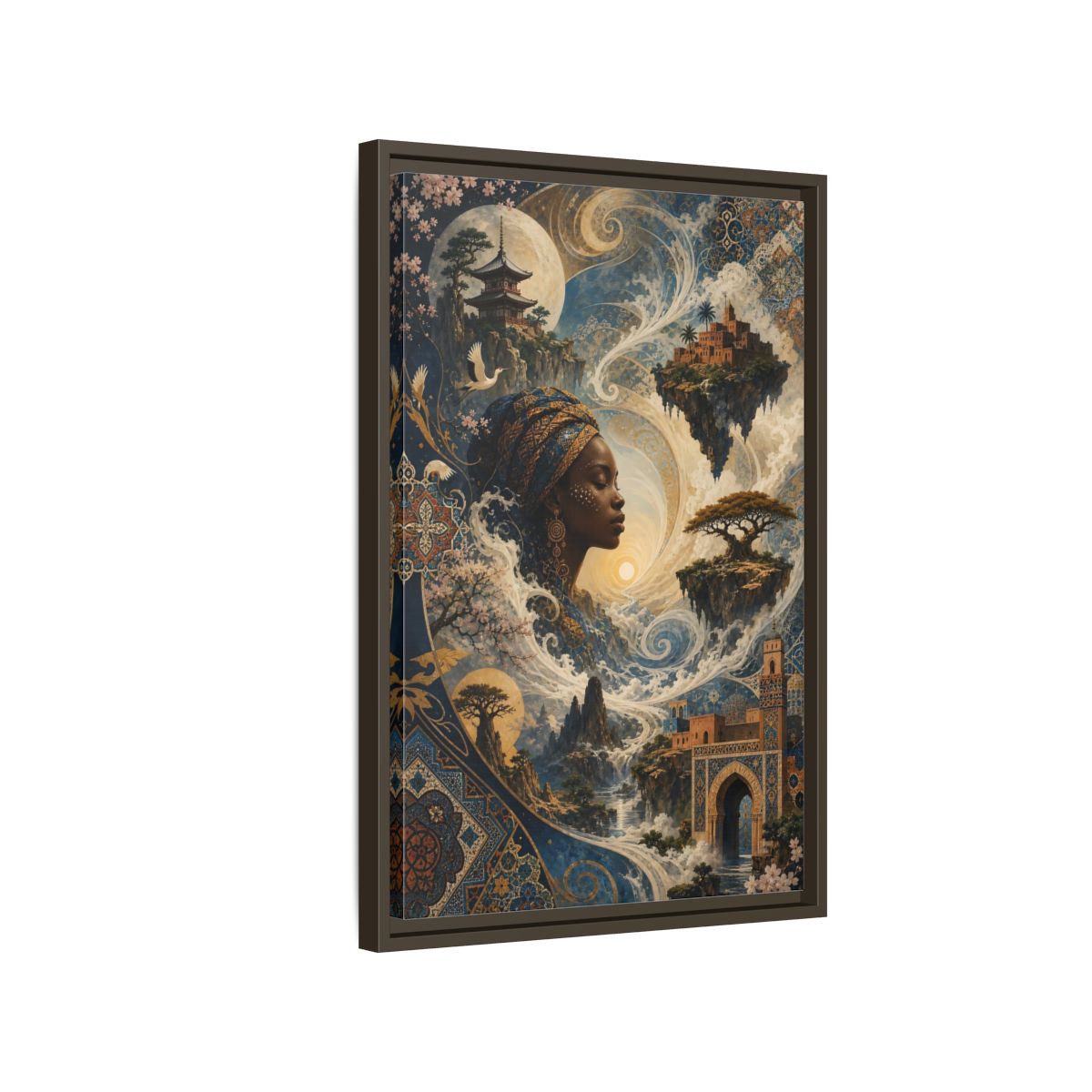 Side Mockup 2. Fairytale Mystical Woman Blue And Gold Fantasy shown as stretched canvas wall art