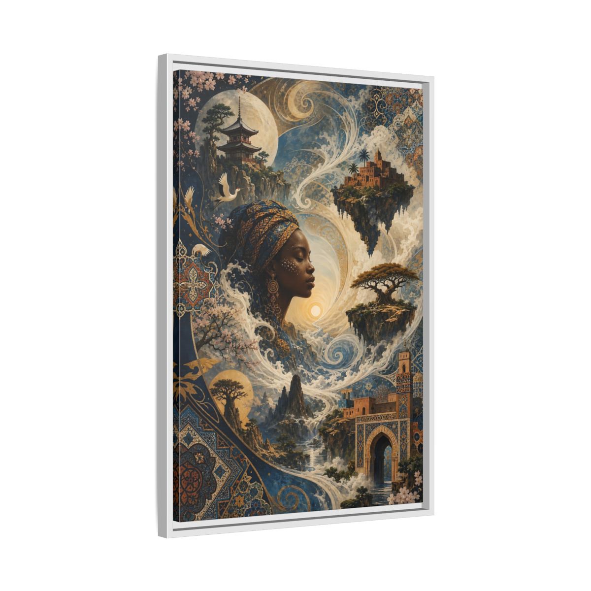 Side Mockup 10. Fairytale Mystical Woman Blue And Gold Fantasy shown as stretched canvas wall art