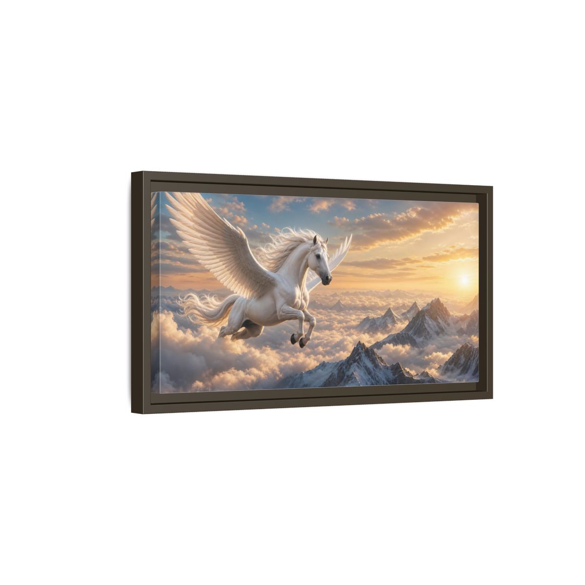 Side Mockup 7. Fairytale Pegasus White Pegasus Art shown as stretched canvas wall art