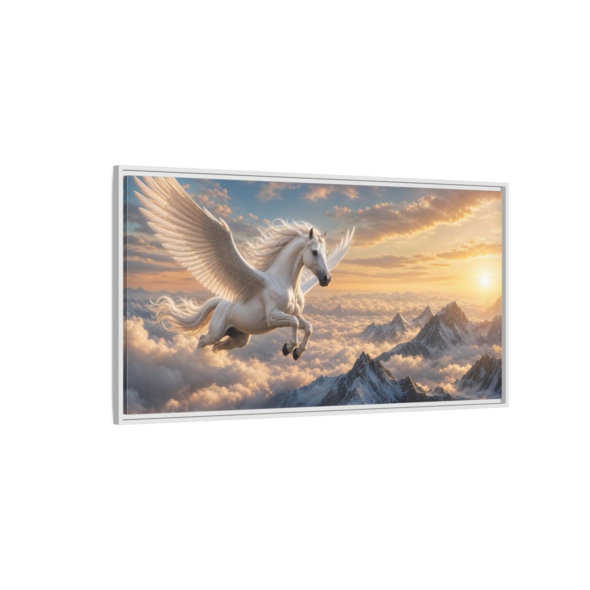 Side Mockup 3. Fairytale Pegasus White Pegasus Art shown as stretched canvas wall art