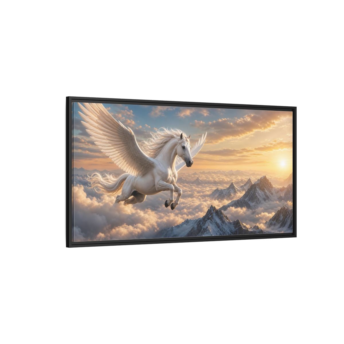 Side Mockup 5. Fairytale Pegasus White Pegasus Art shown as stretched canvas wall art