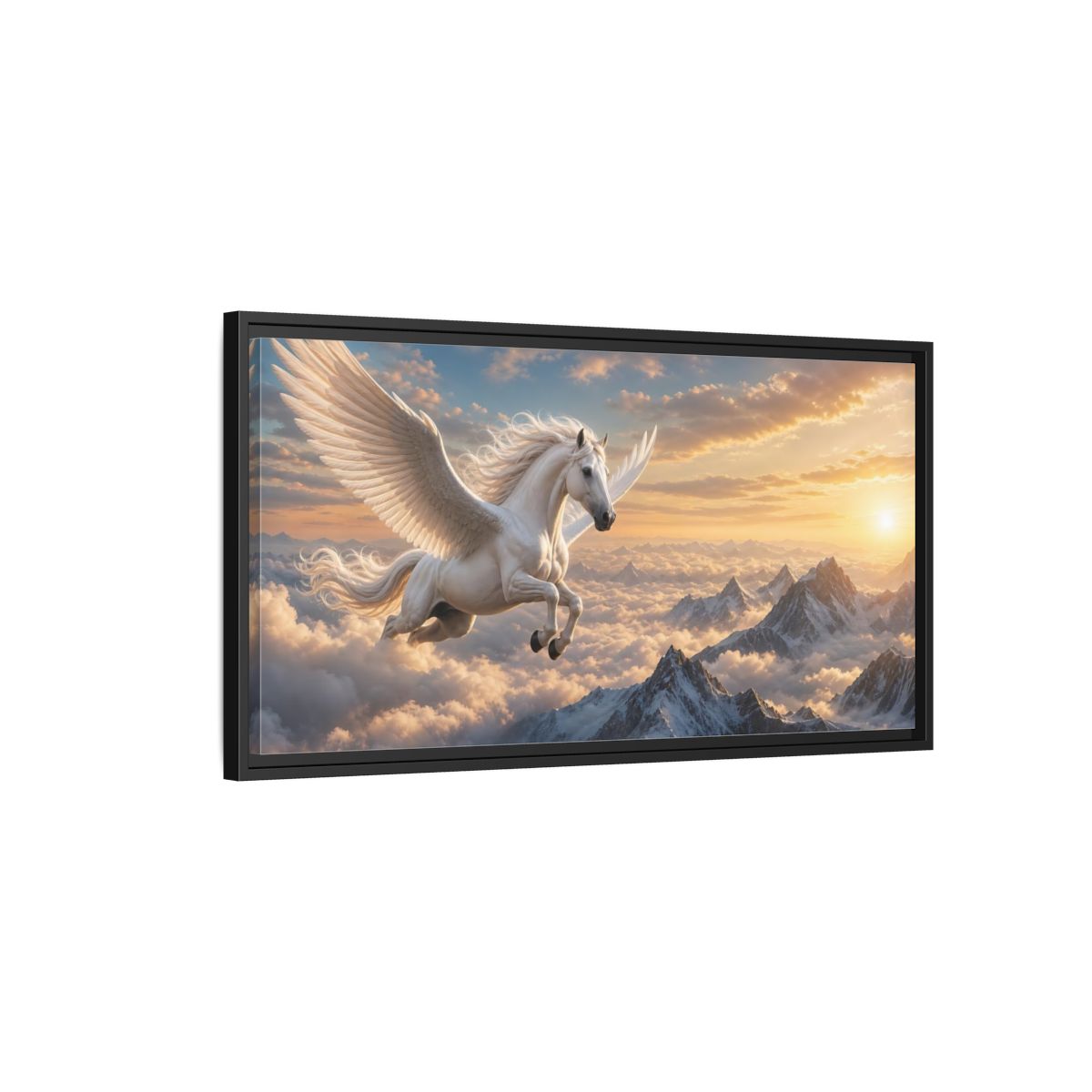 Side Mockup 2. Fairytale Pegasus White Pegasus Art shown as stretched canvas wall art