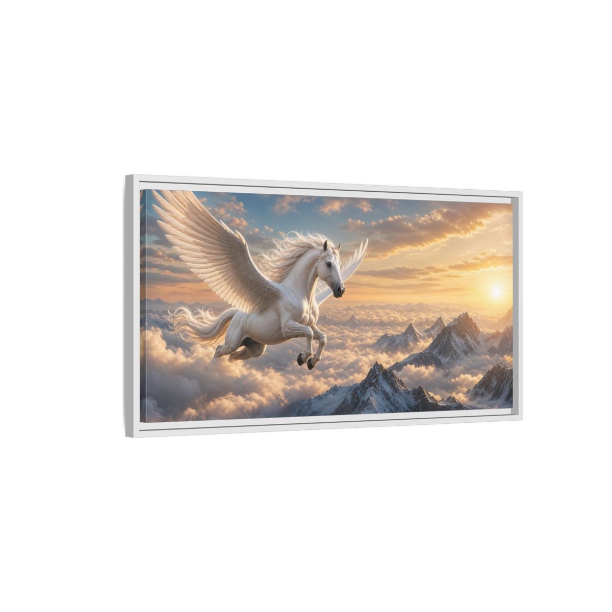 Side Mockup 1. Fairytale Pegasus White Pegasus Art shown as stretched canvas wall art
