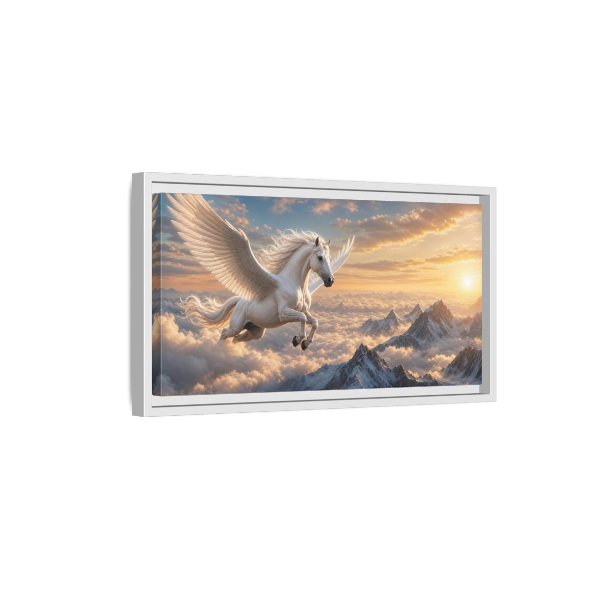Side Mockup 6. Fairytale Pegasus White Pegasus Art shown as stretched canvas wall art