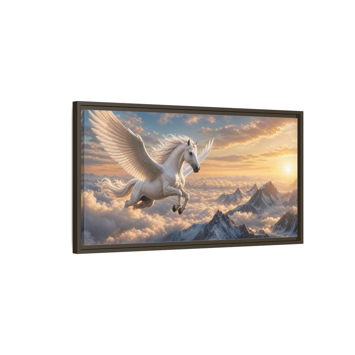 Main Mockup. Fairytale Pegasus White Pegasus Art shown as stretched canvas wall art