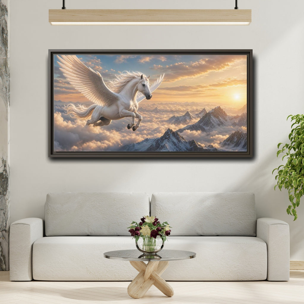 Mockup 2. Fairytale Pegasus White Pegasus Art shown as stretched canvas wall art