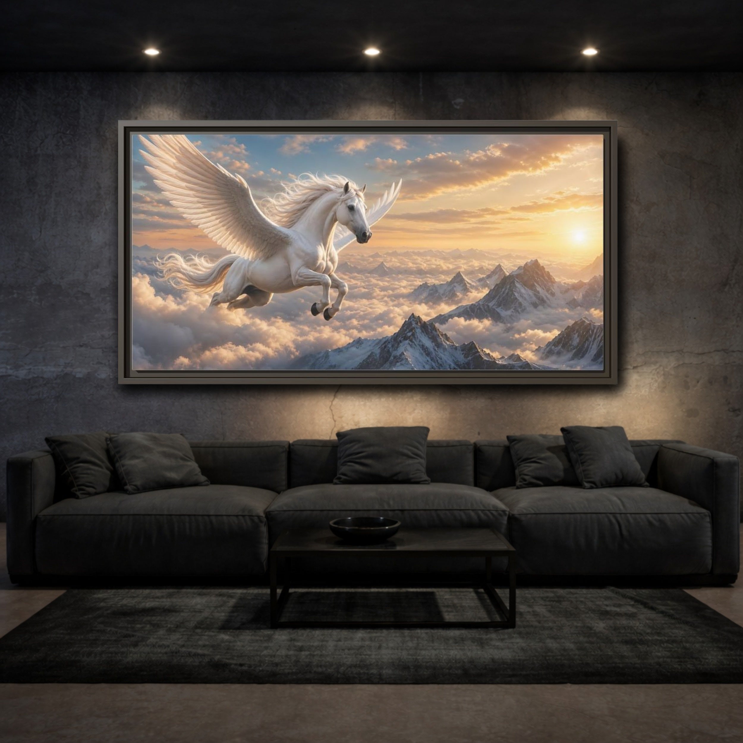 Mockup 3. Fairytale Pegasus White Pegasus Art shown as stretched canvas wall art