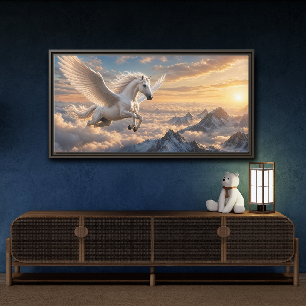 Mockup 4. Fairytale Pegasus White Pegasus Art shown as stretched canvas wall art