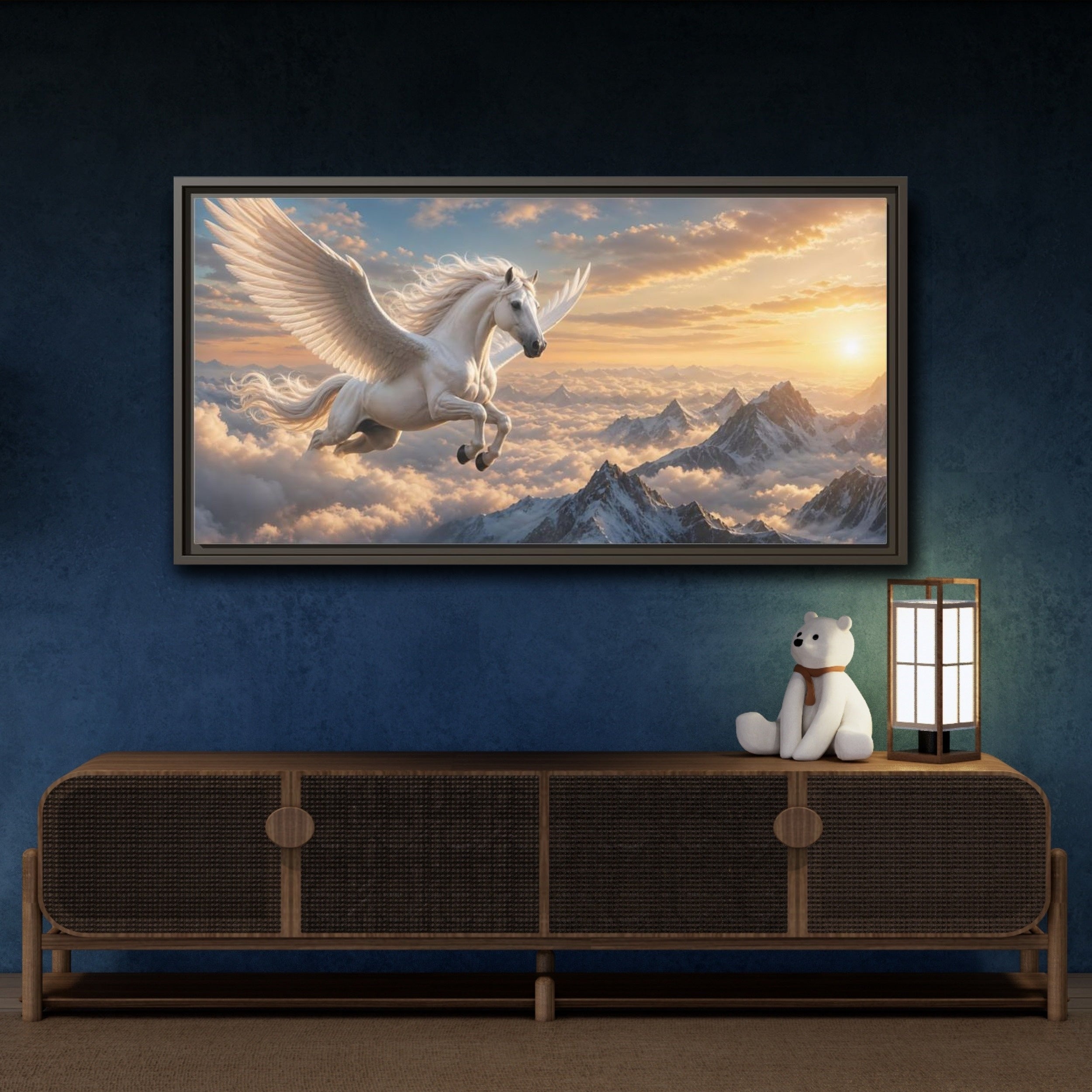 Mockup 4. Fairytale Pegasus White Pegasus Art shown as stretched canvas wall art