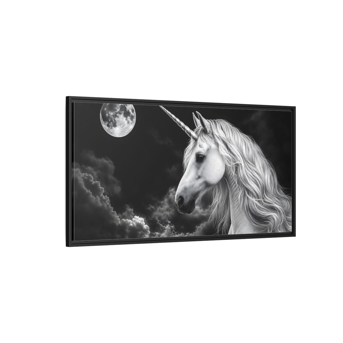 Side Mockup 5. Fairytale Unicorn Black White Unicorn shown as stretched canvas wall art