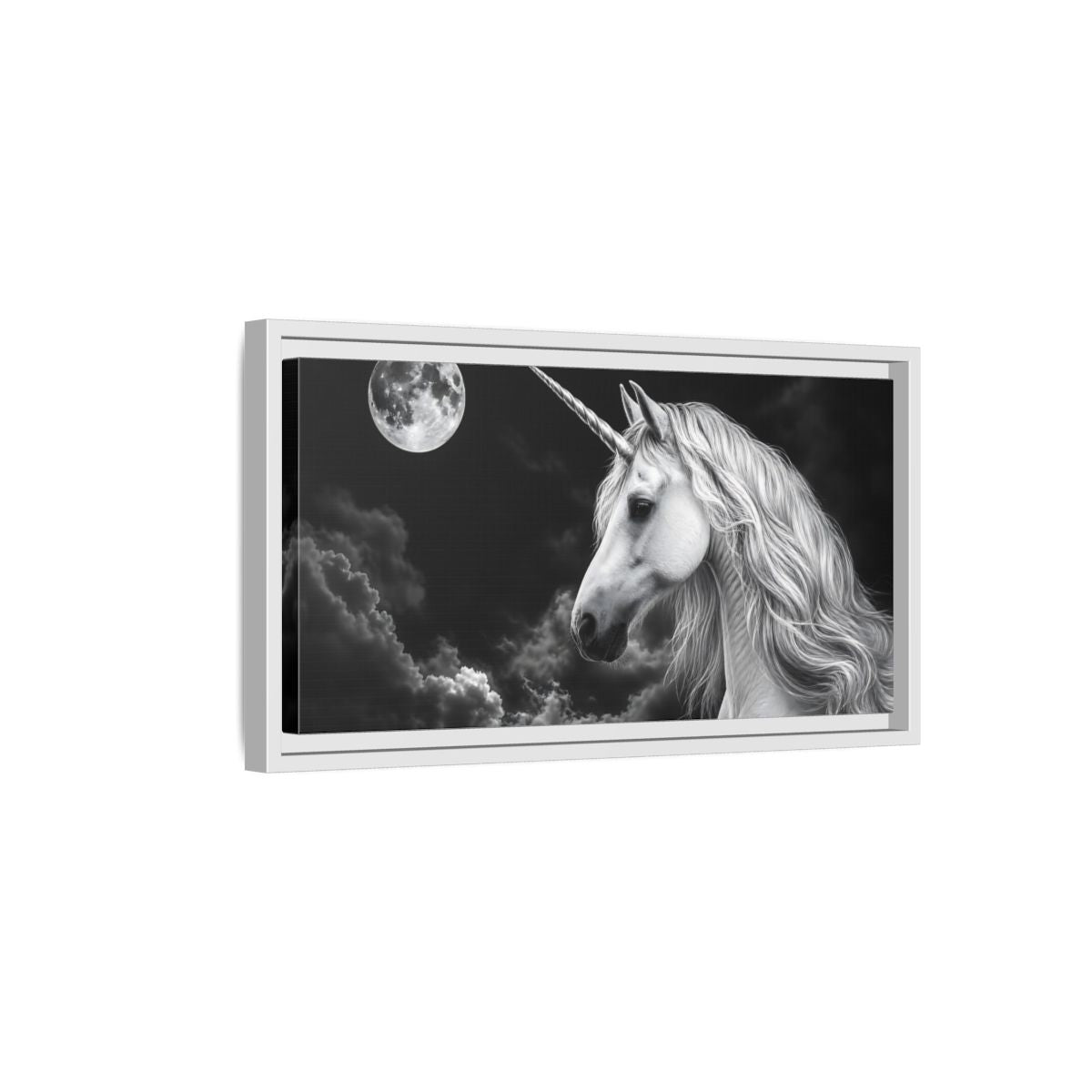 Side Mockup 6. Fairytale Unicorn Black White Unicorn shown as stretched canvas wall art