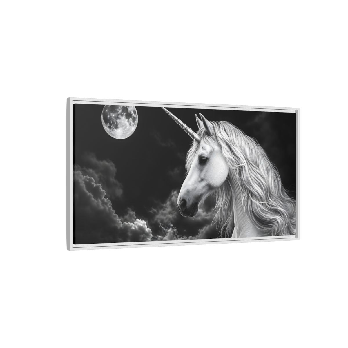 Side Mockup 3. Fairytale Unicorn Black White Unicorn shown as stretched canvas wall art