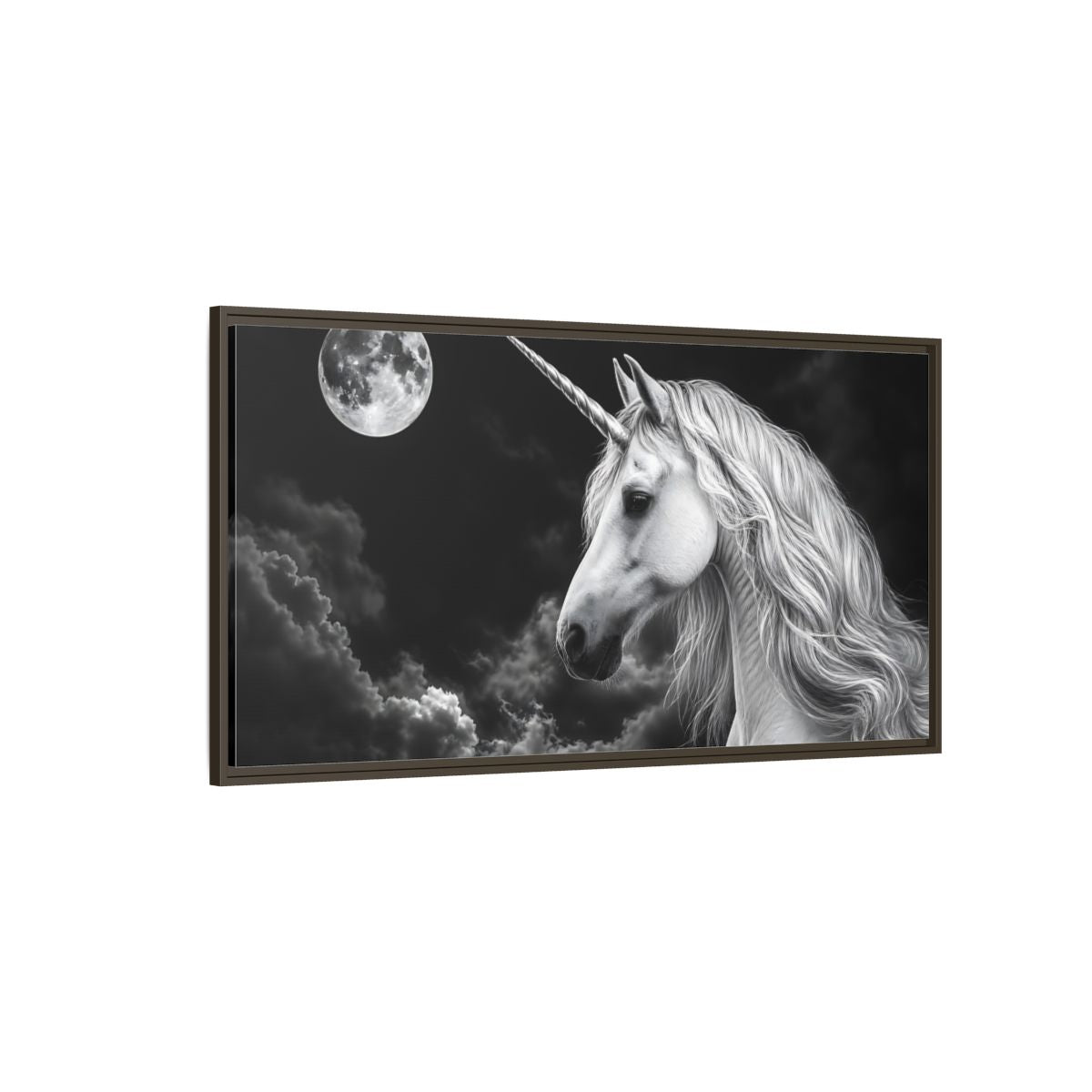 Side Mockup 4. Fairytale Unicorn Black White Unicorn shown as stretched canvas wall art