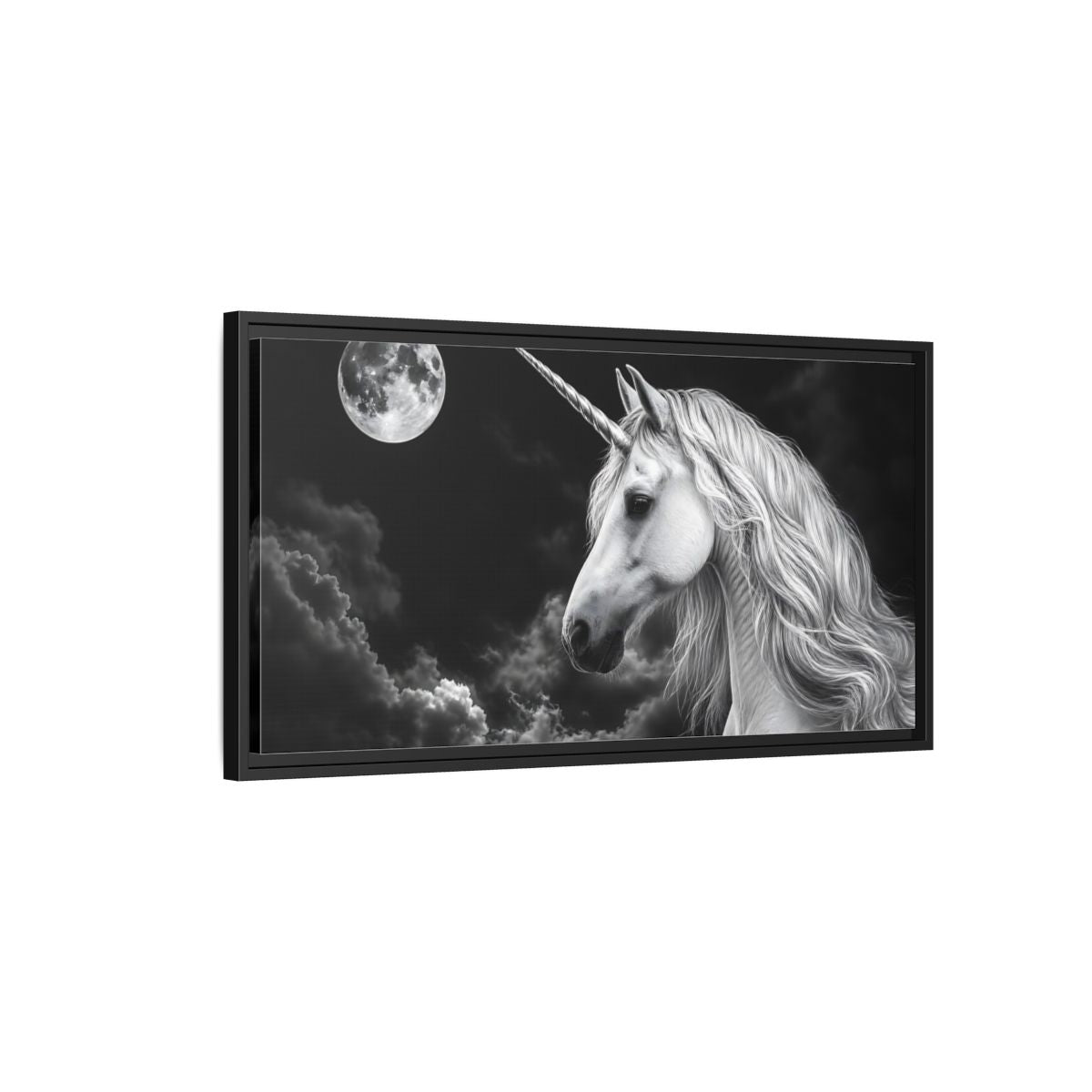 Side Mockup 2. Fairytale Unicorn Black White Unicorn shown as stretched canvas wall art