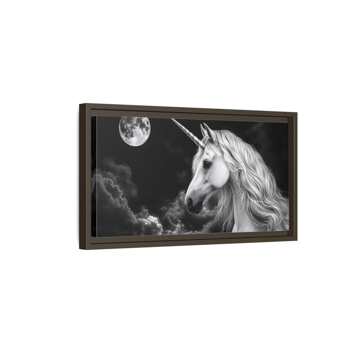 Side Mockup 7. Fairytale Unicorn Black White Unicorn shown as stretched canvas wall art