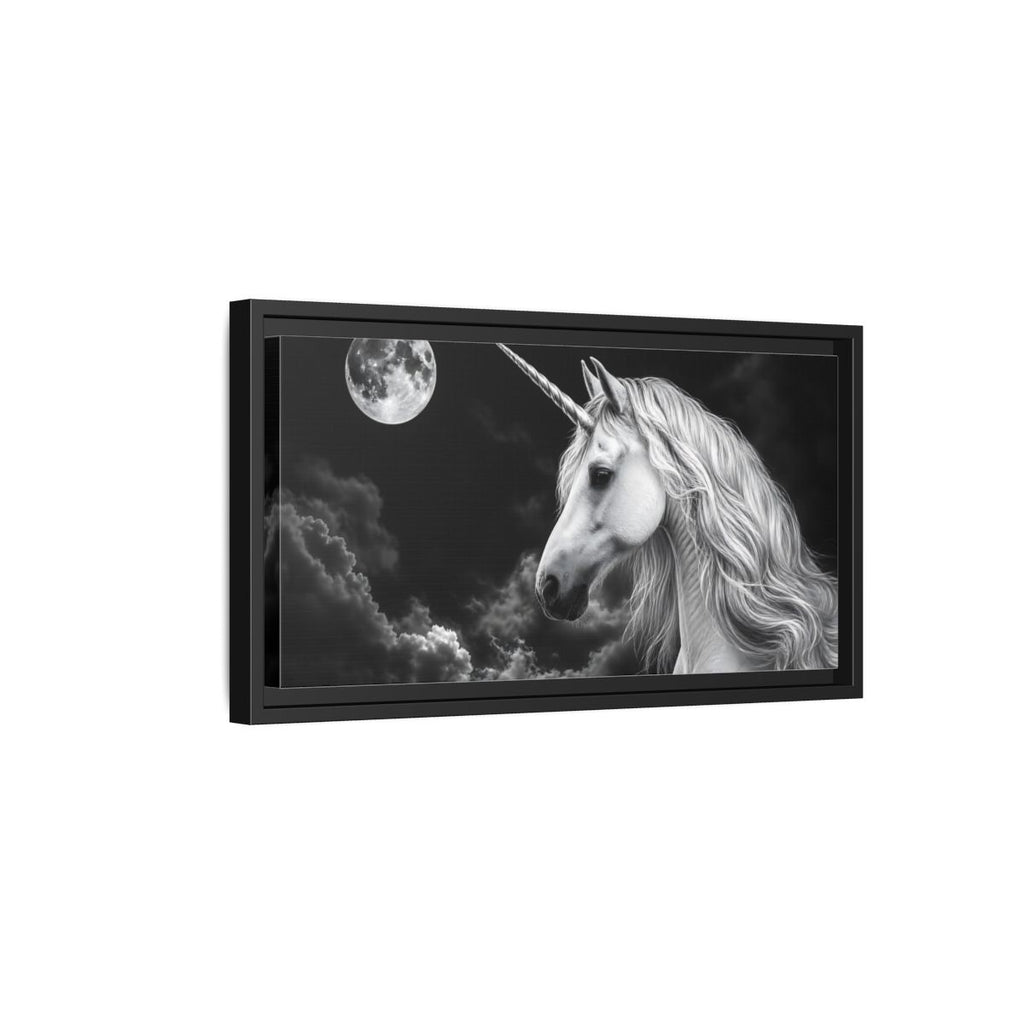 Side Mockup 8. Fairytale Unicorn Black White Unicorn shown as stretched canvas wall art
