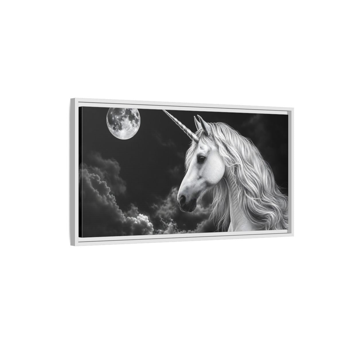Side Mockup 1. Fairytale Unicorn Black White Unicorn shown as stretched canvas wall art