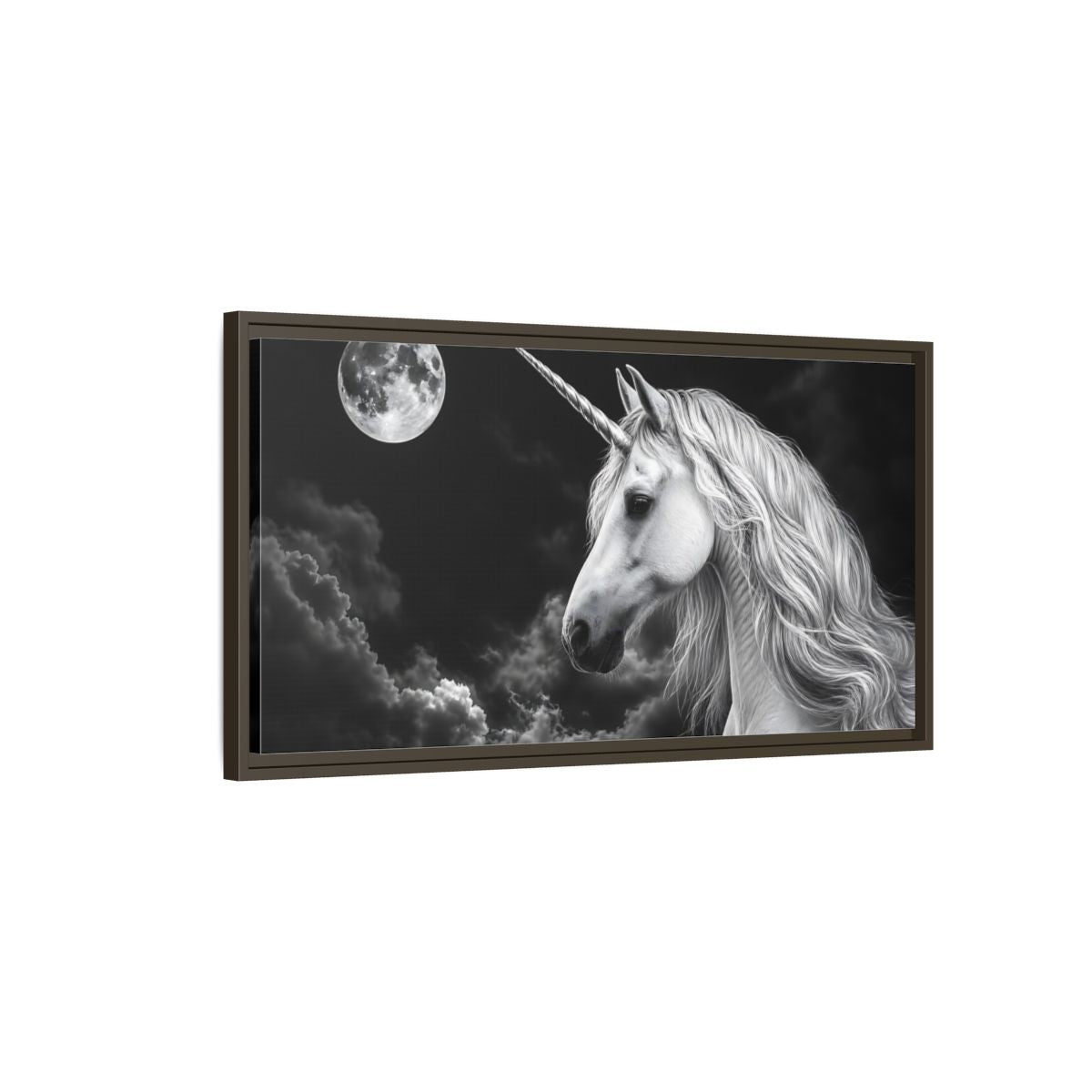 Main Mockup. Fairytale Unicorn Black White Unicorn shown as stretched canvas wall art