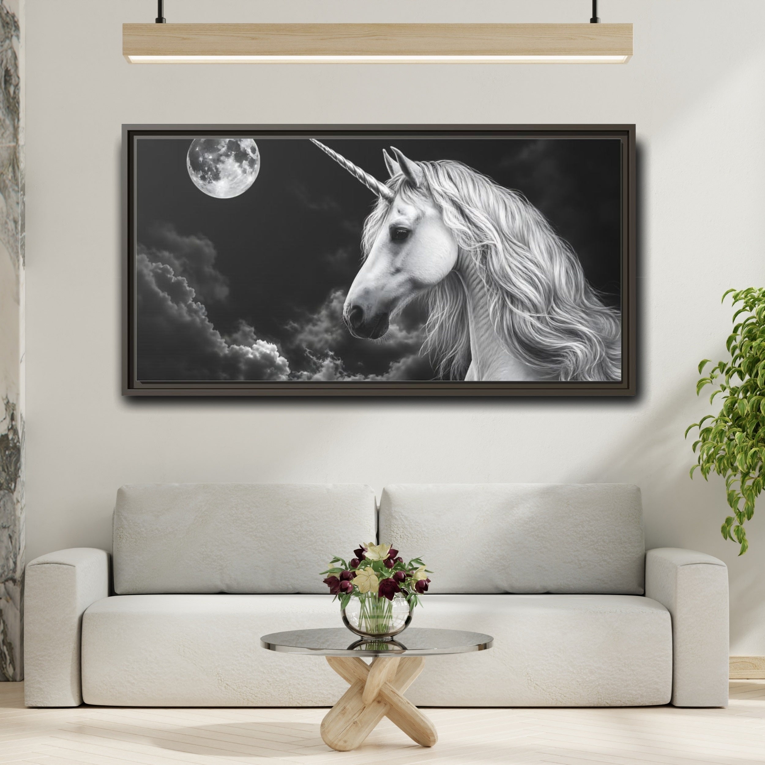 Mockup 2. Fairytale Unicorn Black White Unicorn shown as stretched canvas wall art